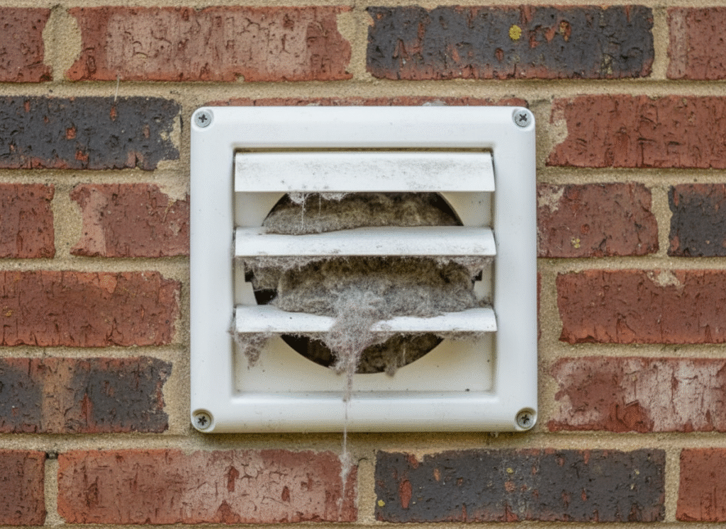 clogged dryer vent with lint, fire hazard preventative maintenance tips